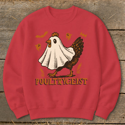 Red sweatshirt with a chicken dressed as a ghost and the text "POULTRYGEIST".