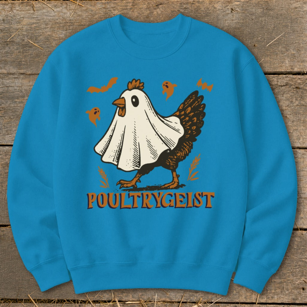 Blue sweatshirt with a chicken wearing a ghost costume and the text "POULTRYGEIST".