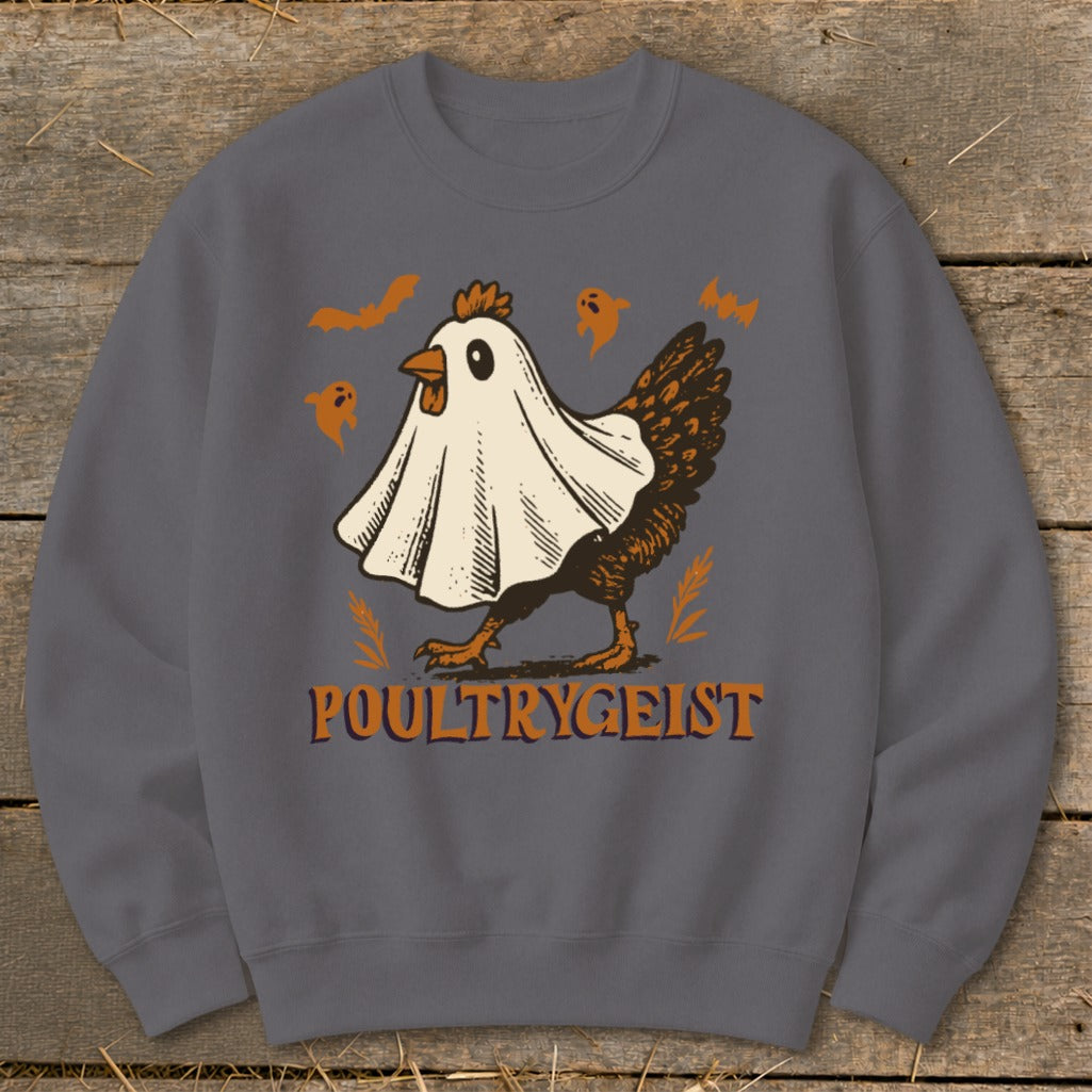 Chicken wearing a ghost costume with "POULTRYGEIST" text, bats, and ghosts.
