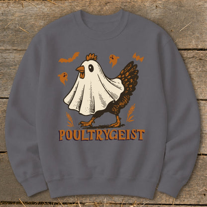 Chicken wearing a ghost costume with "POULTRYGEIST" text, bats, and ghosts.