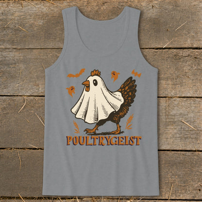 Chicken wearing a ghost costume with bats and ghosts around it.