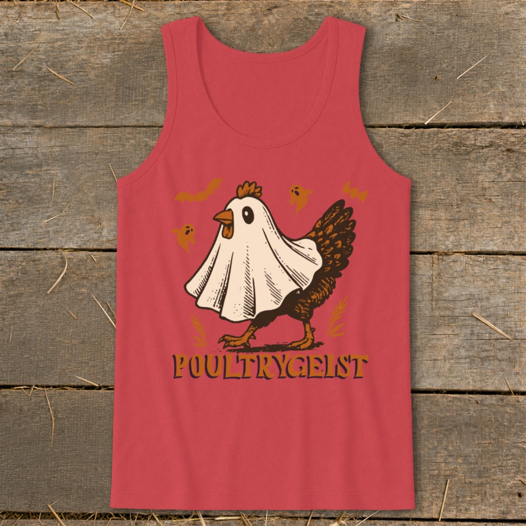 Chicken wearing a ghost costume with "Poultrygeist" text.