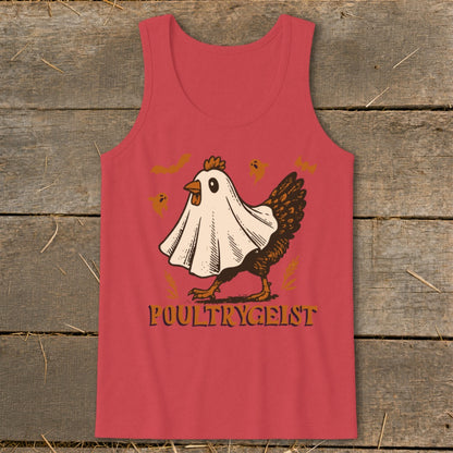 Chicken wearing a ghost costume with "Poultrygeist" text.