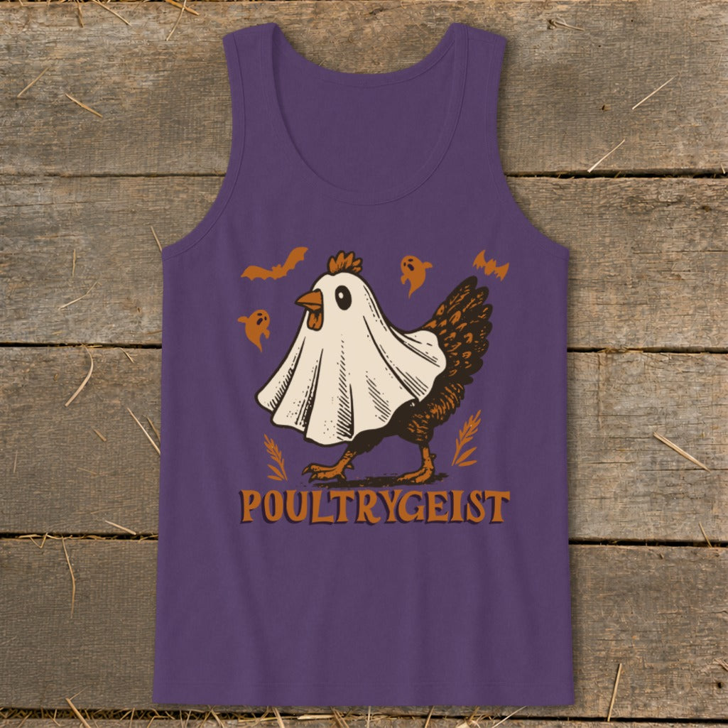 Purple tank top with chicken dressed as a ghost and text "POULTRYGEIST".