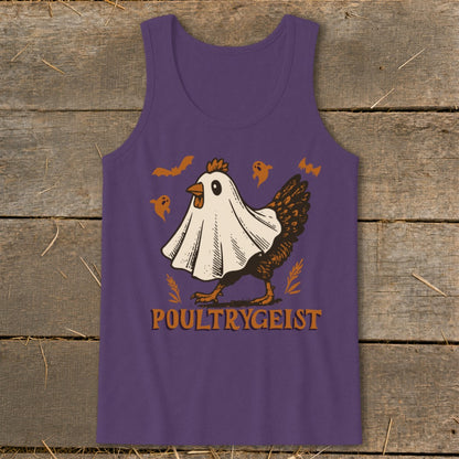 Purple tank top with chicken dressed as a ghost and text "POULTRYGEIST".