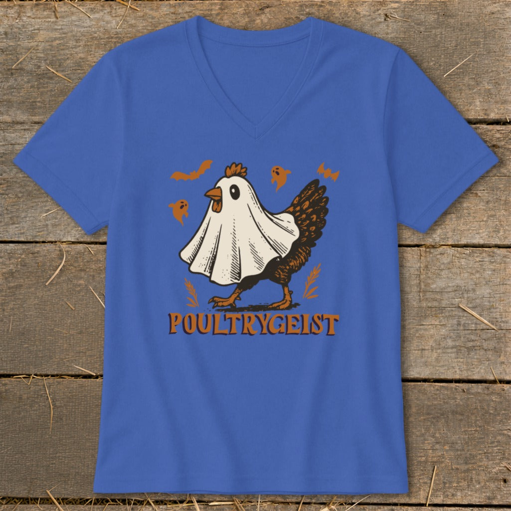 Chicken wearing a ghost costume with "POULTRYGEIST" text below.