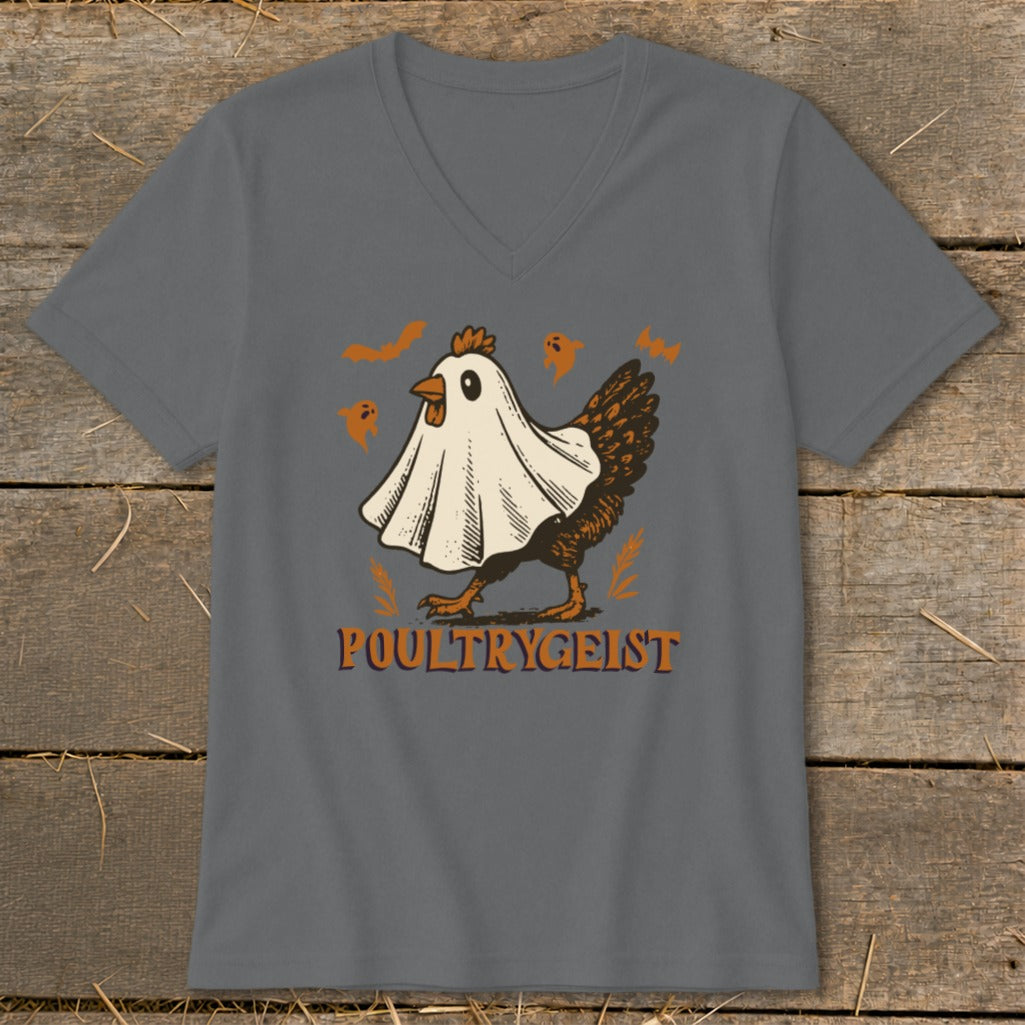 Chicken in a ghost costume with "POULTRYGEIST" text and small ghosts.