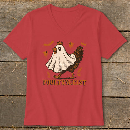 Chicken wearing a ghost costume with "POULTRYGEIST" text and Halloween motifs.