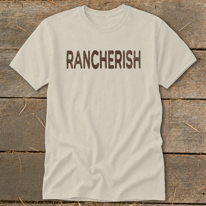 Cream t-shirt with brown "RANCHERISH" text across the chest.