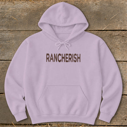 Lavender hoodie with "RANCHERISH" text centered on the chest.