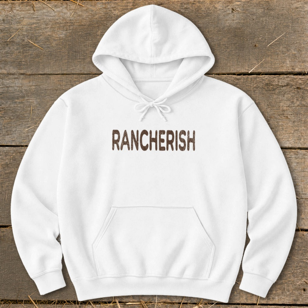 White hoodie with "RANCHERISH" text on the chest.