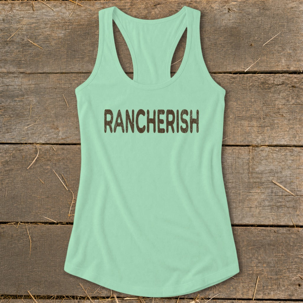 Mint green racerback tank top with "RANCHERISH" text.