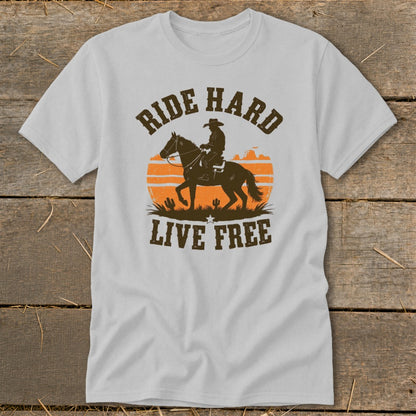 Light grey t-shirt with "RIDE HARD LIVE FREE" text and cowboy on horseback graphic.