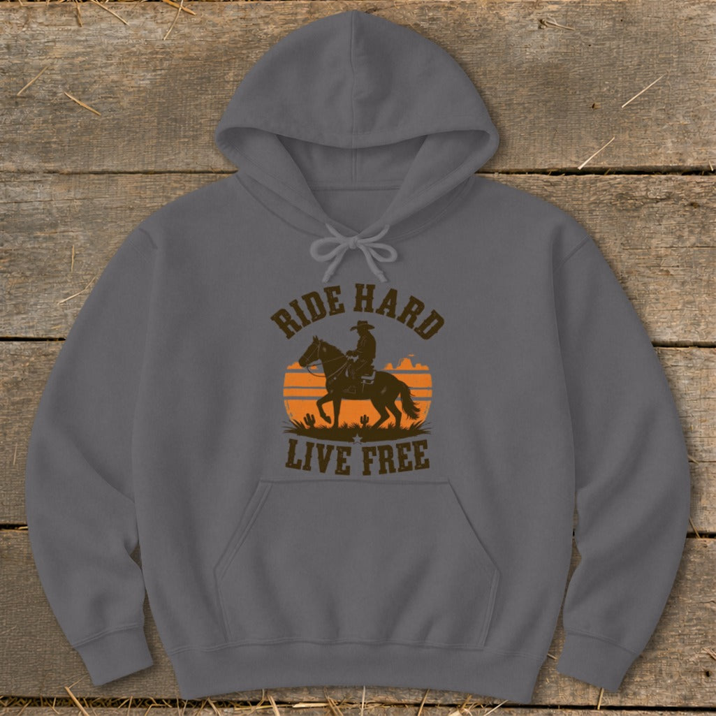 Gray hoodie with cowboy on horse silhouette and "Ride Hard Live Free" text.