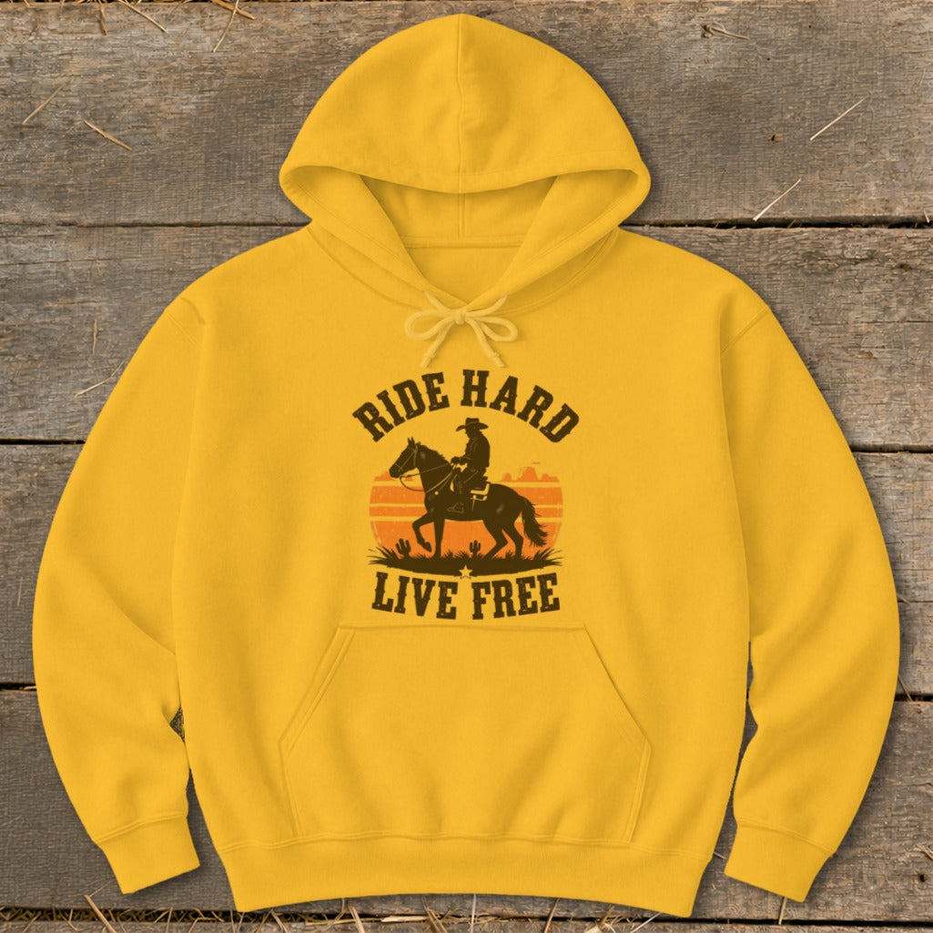 Yellow hoodie with "Ride Hard Live Free" text and cowboy on horseback graphic.