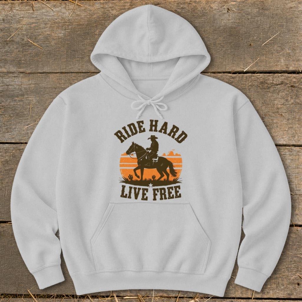 White hoodie with "RIDE HARD LIVE FREE" text and a cowboy on horseback silhouette.