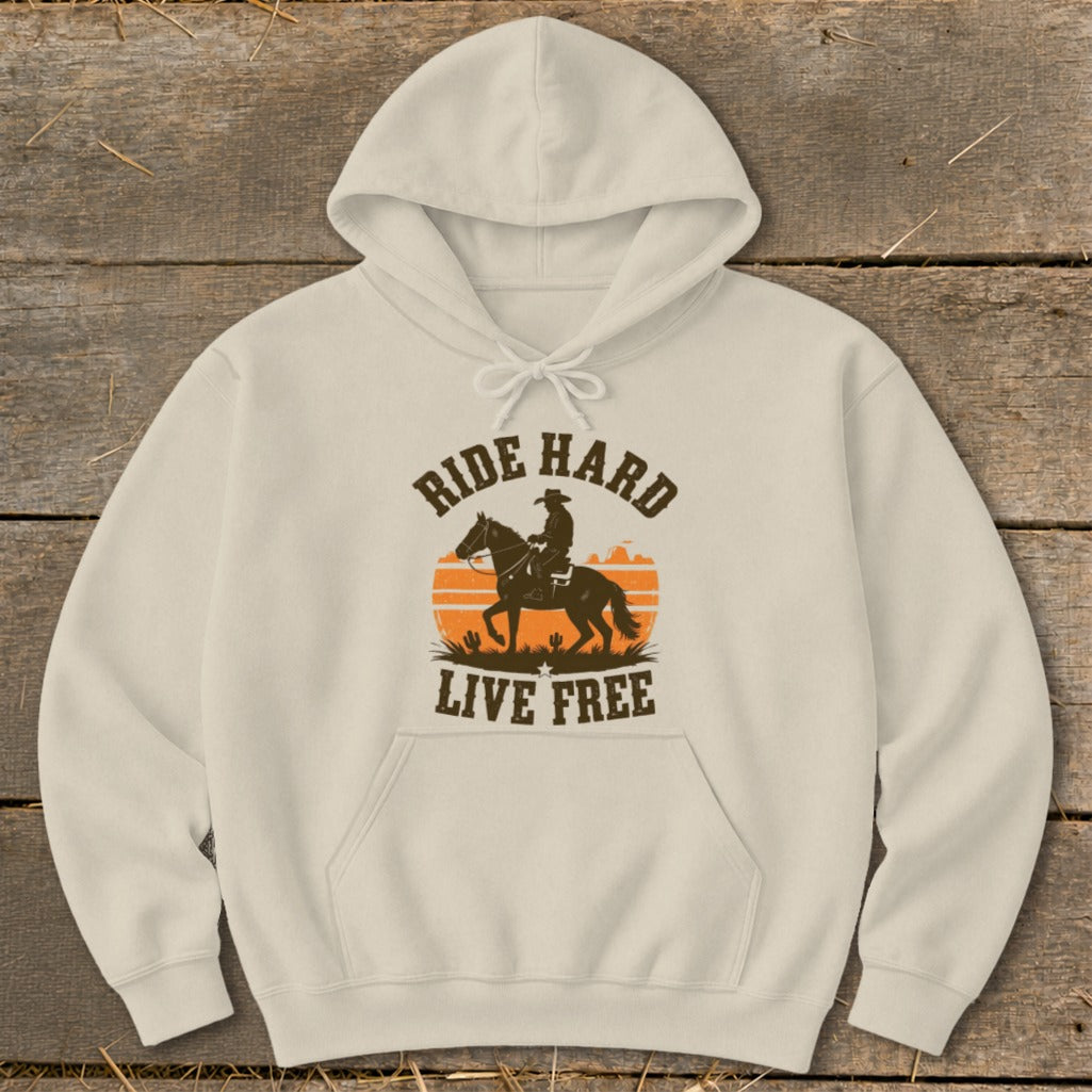 Cream hoodie with cowboy on horse graphic and text "Ride Hard Live Free".