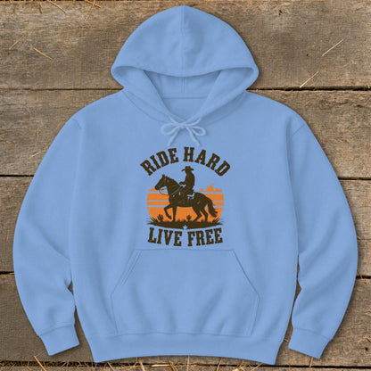 Light blue hoodie with a cowboy on a horse silhouette and text "Ride Hard Live Free".