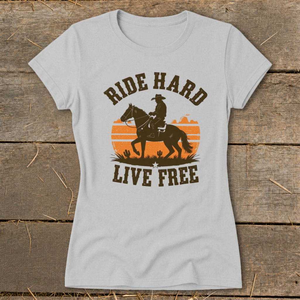 Grey t-shirt with "RIDE HARD LIVE FREE" text and cowboy on horse graphic.
