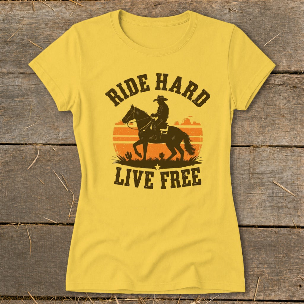 Yellow t-shirt with cowboy riding horse graphic and text "RIDE HARD LIVE FREE".