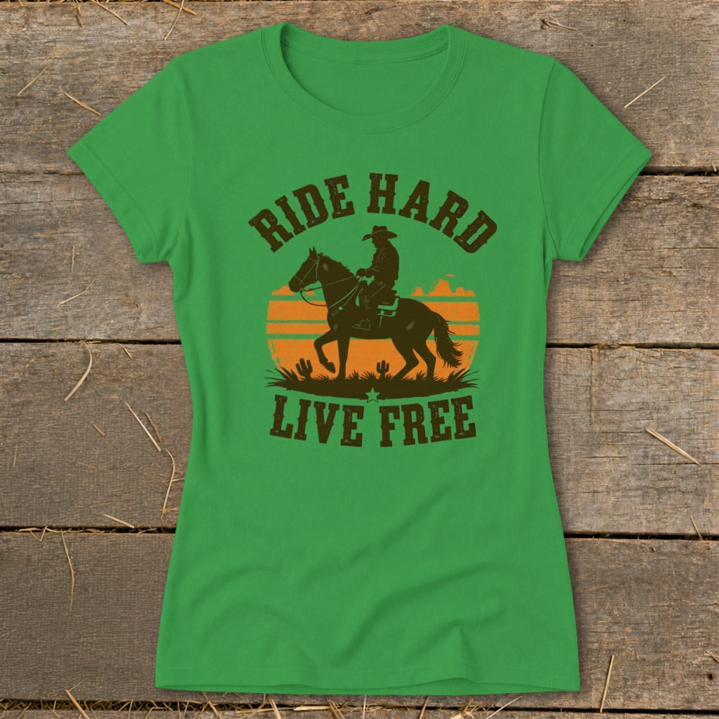 Green t-shirt with cowboy on horse graphic and text "Ride Hard Live Free".