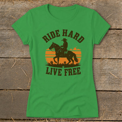 Green t-shirt with cowboy on horse graphic and text "Ride Hard Live Free".