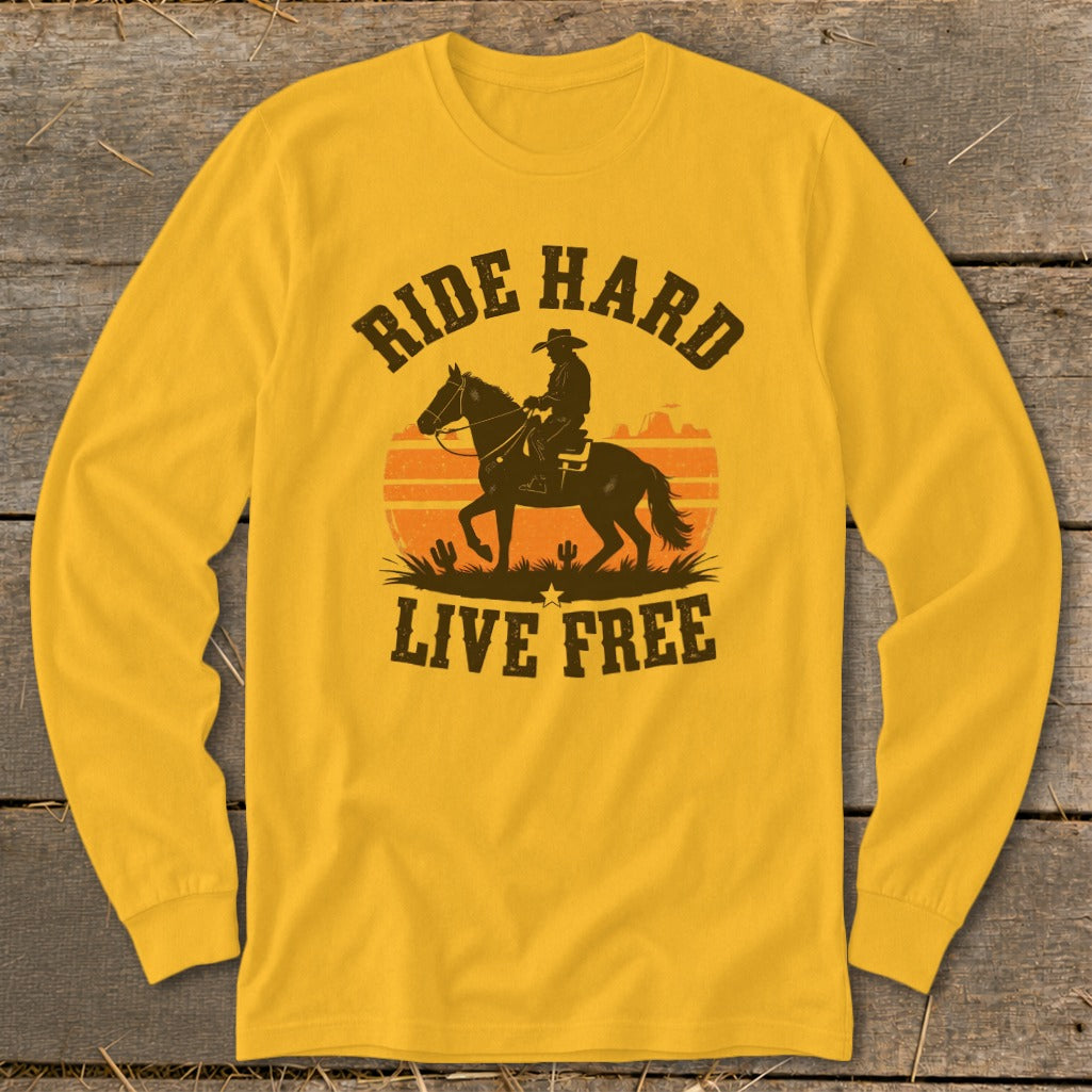 Long-sleeve yellow shirt with cowboy on horse graphic and text "Ride Hard Live Free".