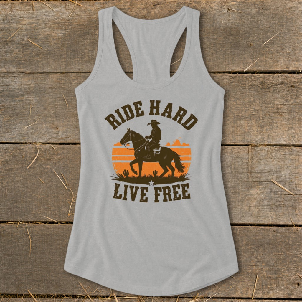 Grey tank top with "RIDE HARD LIVE FREE" text and cowboy on horse graphic.