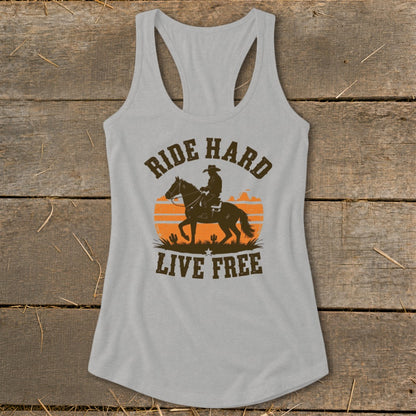 Grey tank top with "RIDE HARD LIVE FREE" text and cowboy on horse graphic.