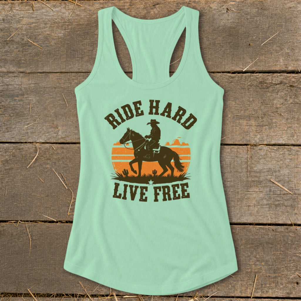 Mint green tank top with cowboy on horse graphic and "Ride Hard Live Free" text.
