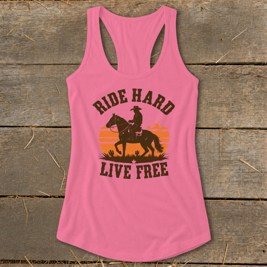 Pink tank top with "Ride Hard Live Free" text and cowboy on a horse graphic.