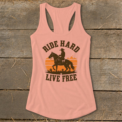 Peach tank top with "Ride Hard Live Free" graphic of a cowboy on a horse.