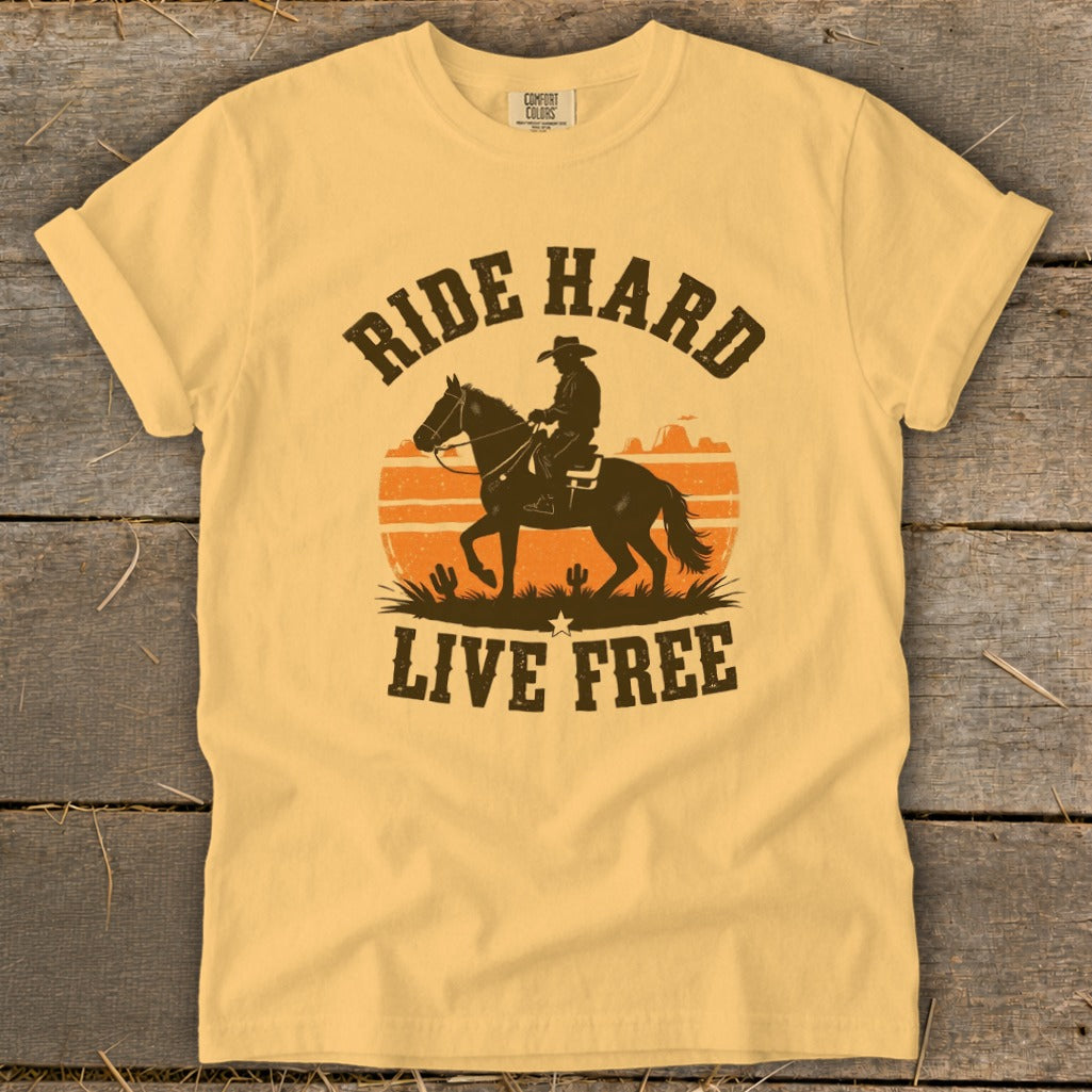 Yellow t-shirt with cowboy silhouette on horseback and text "RIDE HARD LIVE FREE".