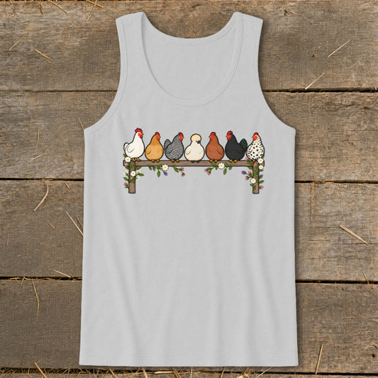 A light gray tank top featuring a graphic of seven colorful chickens perched on a flower-decorated fence.