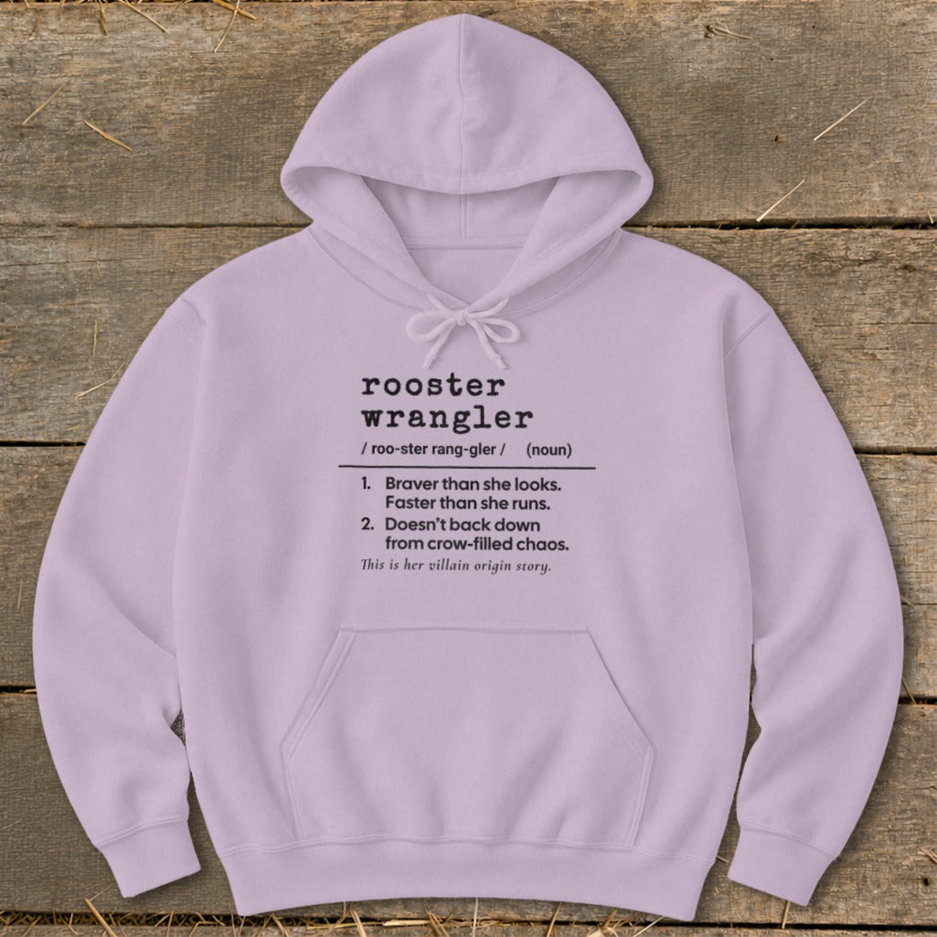 Lilac hoodie with text defining "rooster wrangler" as a brave, fast, and determined person.