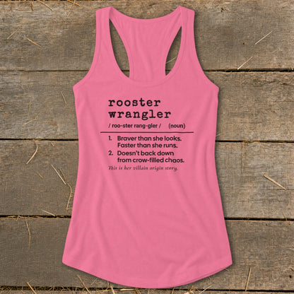 Pink tank top with "rooster wrangler" definition: brave, fast, and doesn't back down.