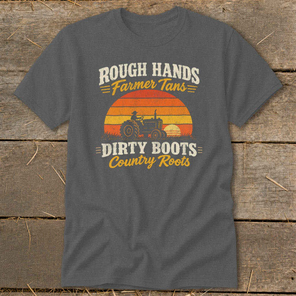 Charcoal gray t-shirt featuring a distressed vintage graphic of a tractor at sunset with farm-themed text.
