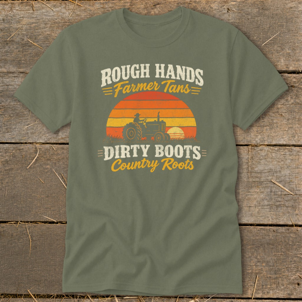 An olive green t-shirt with a vintage graphic of a tractor, sunset, and text.