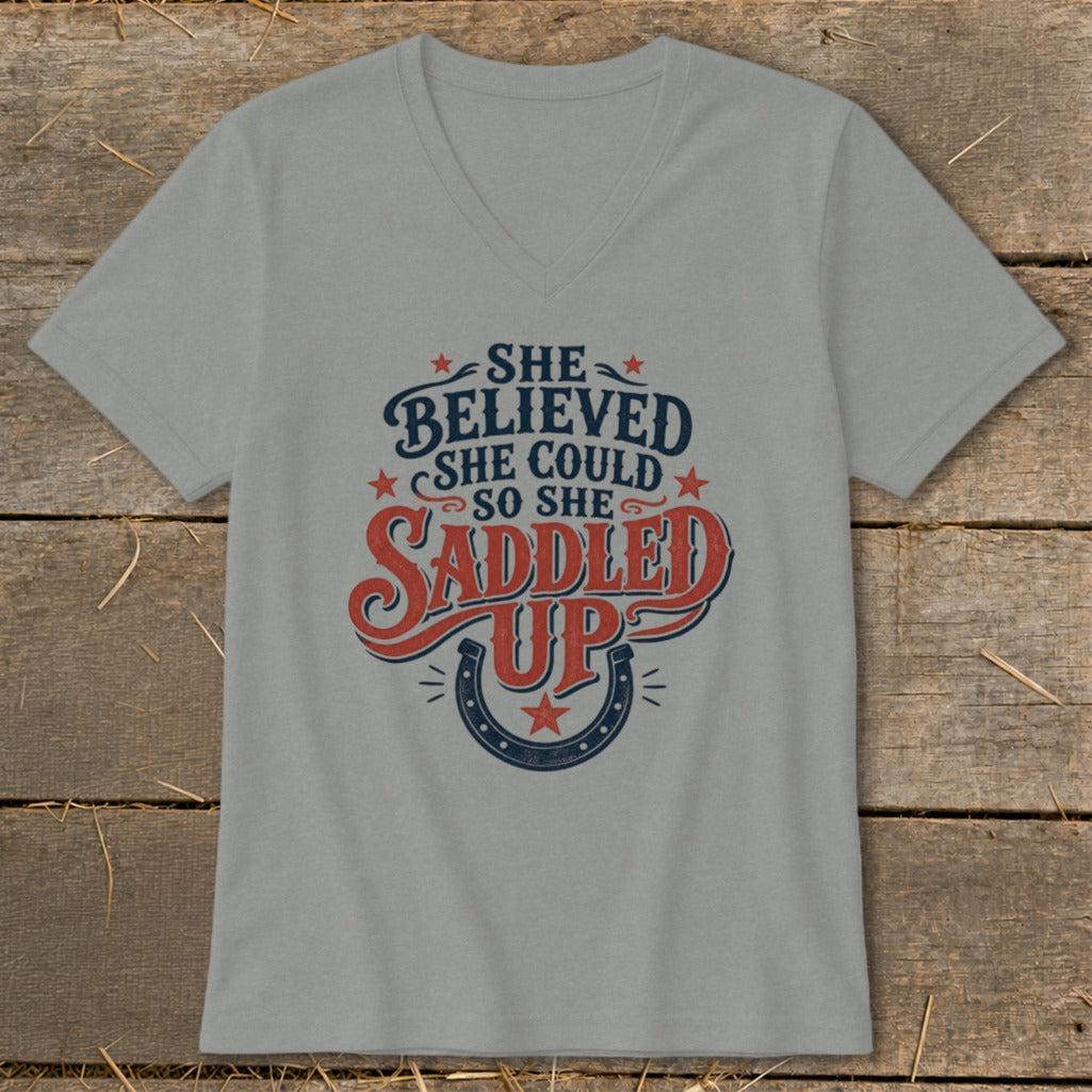 She Saddled Up V-neck