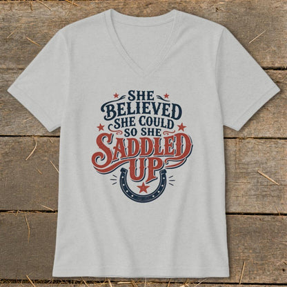 She Saddled Up V-neck