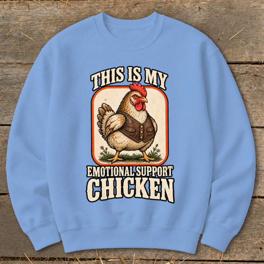 Light blue sweatshirt with "This Is My Emotional Support Chicken" text and illustration.