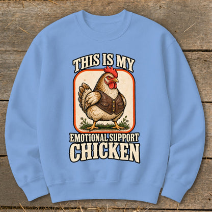 Light blue sweatshirt with "This Is My Emotional Support Chicken" text and illustration.