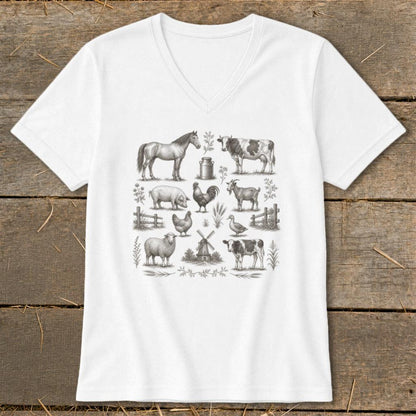 Vintage Drawing Farm Animals V-neck