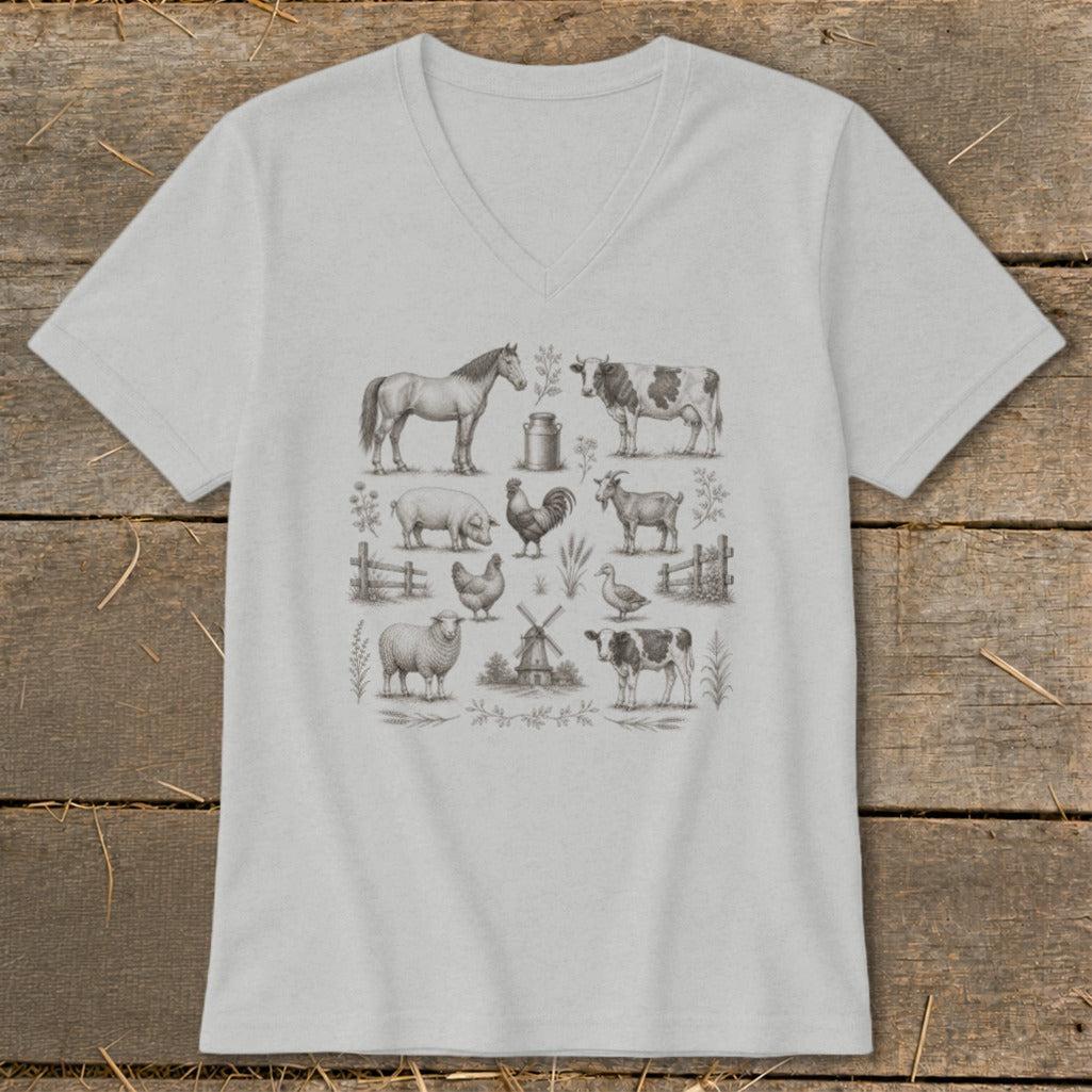 Vintage Drawing Farm Animals V-neck