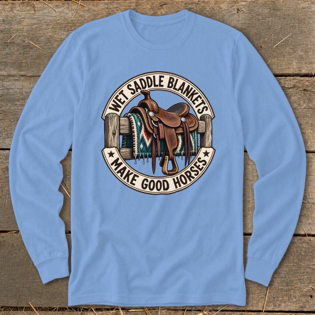 Light blue long sleeve shirt with a graphic of a saddle and blanket on a fence.