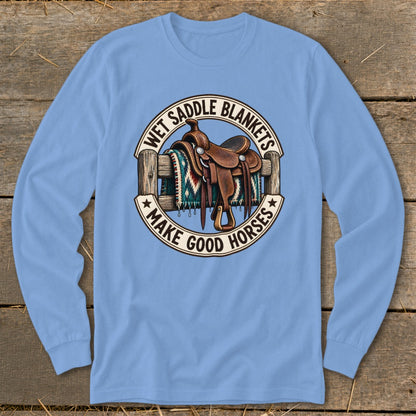 Light blue long sleeve shirt with a graphic of a saddle and blanket on a fence.