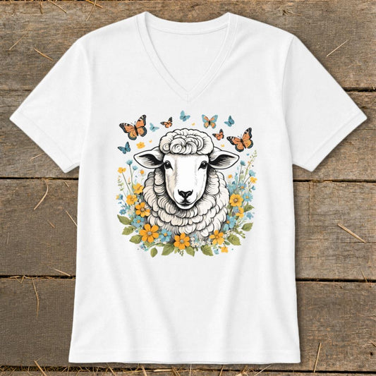 Whimsical Sheep V-neck - White