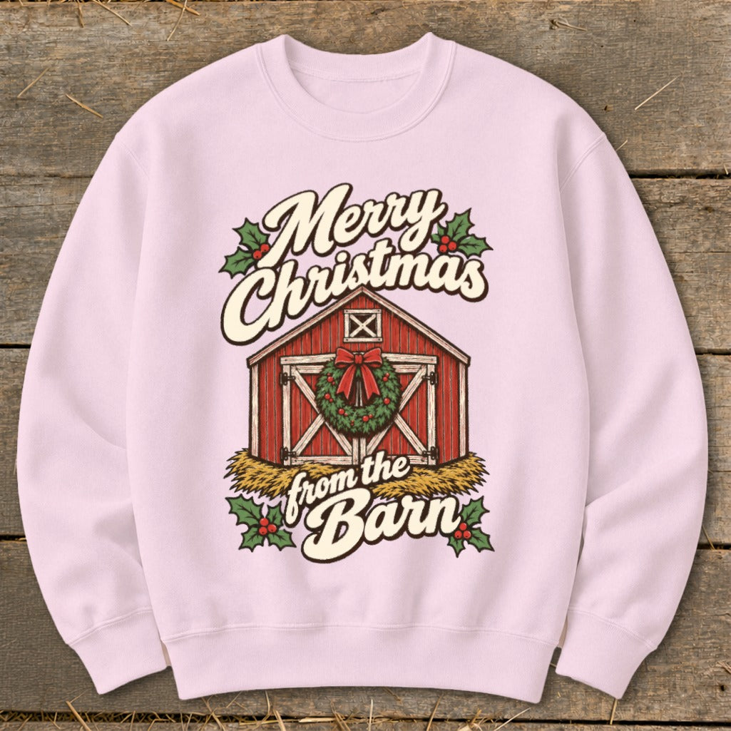 Pink sweatshirt with "Merry Christmas from the Barn" graphic featuring a barn and wreath.