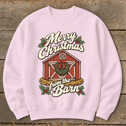 Pink sweatshirt with "Merry Christmas from the Barn" graphic featuring a barn and wreath.