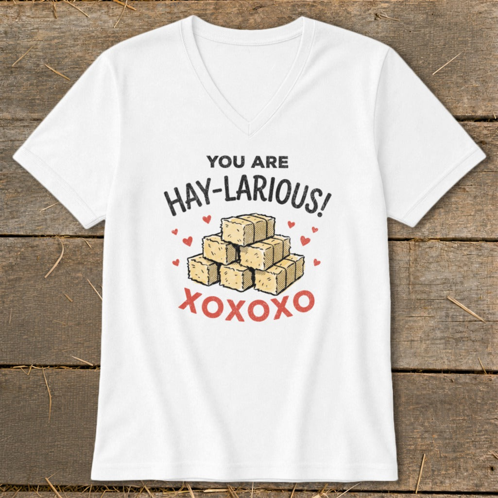White t-shirt with "You are Hay-larious!" text and stacked hay bales with xoxoxo.
